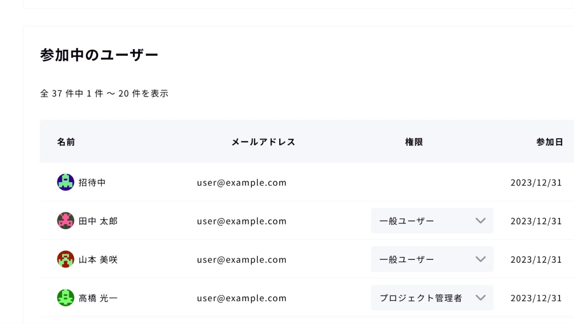 参加中のユーザーの管理画面